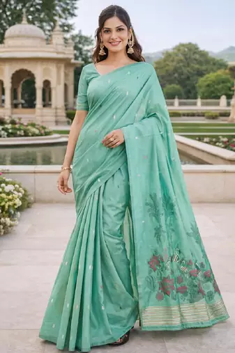 Sea green lillen saree with unstitched blouse piece
