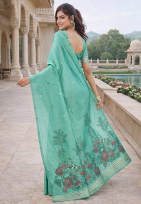 Sea green lillen saree with unstitched blouse piece 3