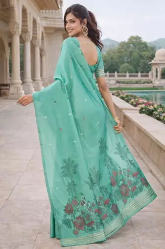Sea green lillen saree with unstitched blouse piece