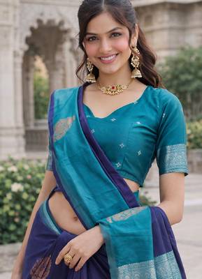 Blue rama silk blend saree with unstitched blouse piece 1