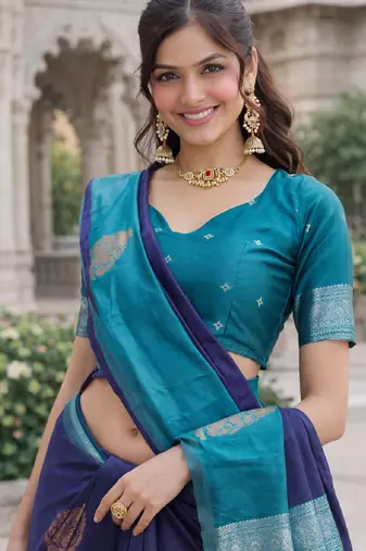 Blue rama silk blend jacuard work designer party wear saree with unstitched blouse piece