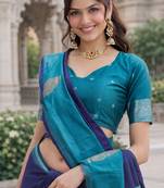 Blue rama silk blend jacuard work designer party wear saree with unstitched blouse piece