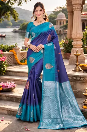 Blue rama silk blend saree with unstitched blouse piece