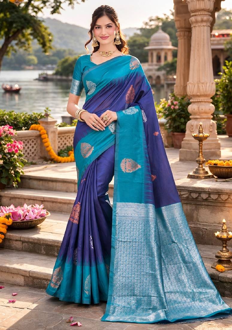 Blue rama silk blend jacuard work designer party wear saree with unstitched blouse piece