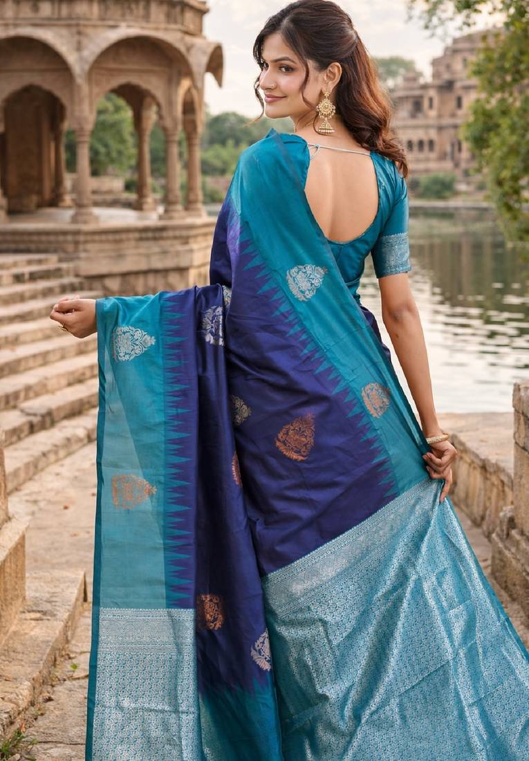 Blue rama silk blend jacuard work designer party wear saree with unstitched blouse piece