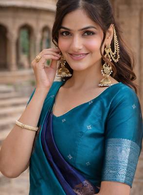 Blue rama silk blend saree with unstitched blouse piece 4