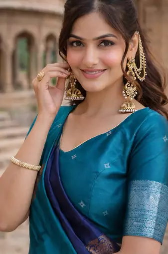 Blue rama silk blend saree with unstitched blouse piece