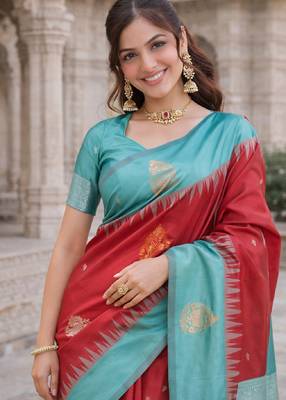 Rama red silk blend saree with unstitched blouse piece 1