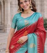 Rama red silk blend jacuard work designer party wear saree with unstitched blouse piece