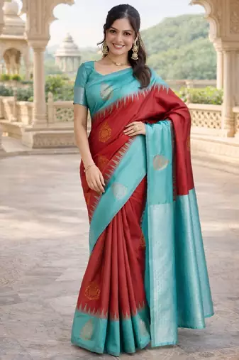 Rama red silk blend saree with unstitched blouse piece