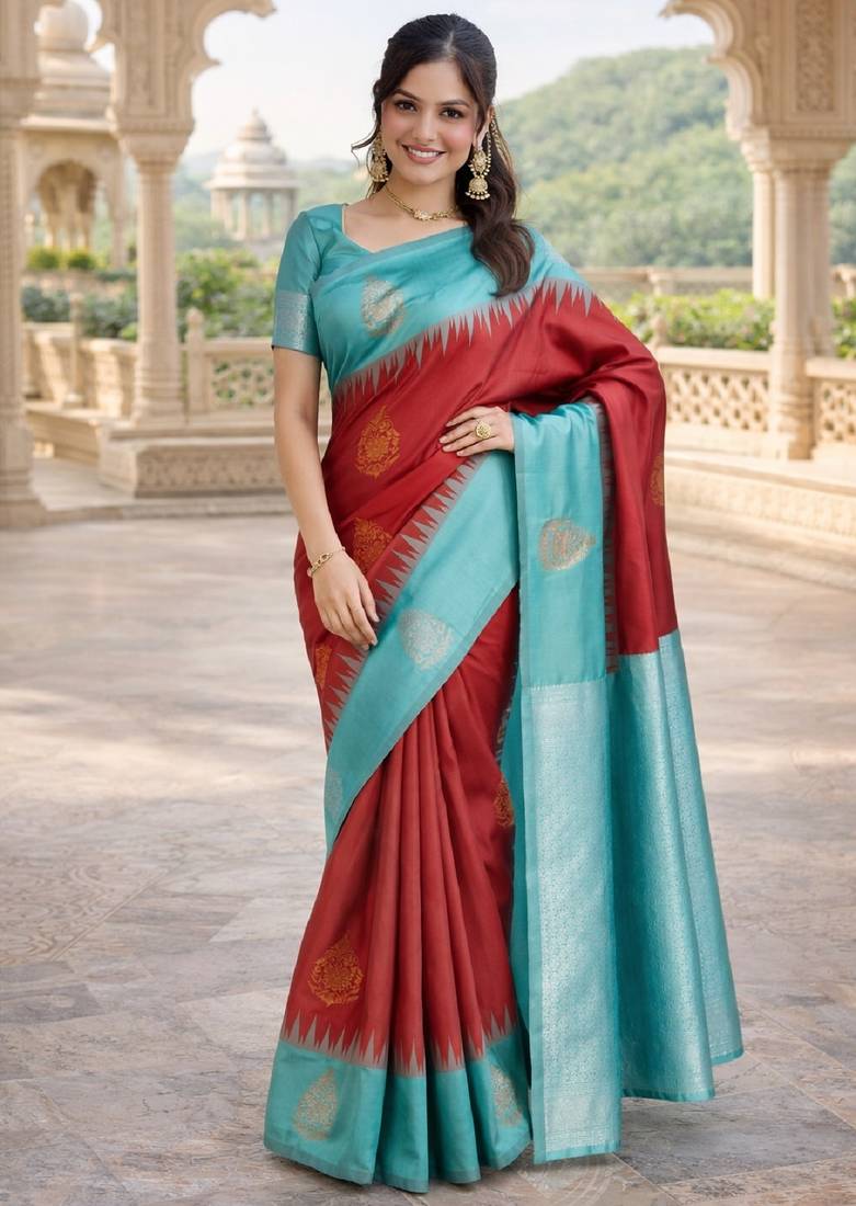 Rama red silk blend jacuard work designer party wear saree with unstitched blouse piece