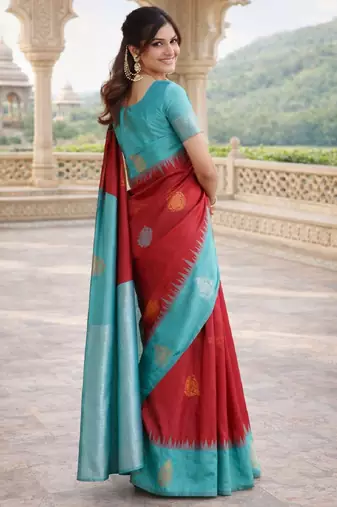 Rama red silk blend saree with unstitched blouse piece
