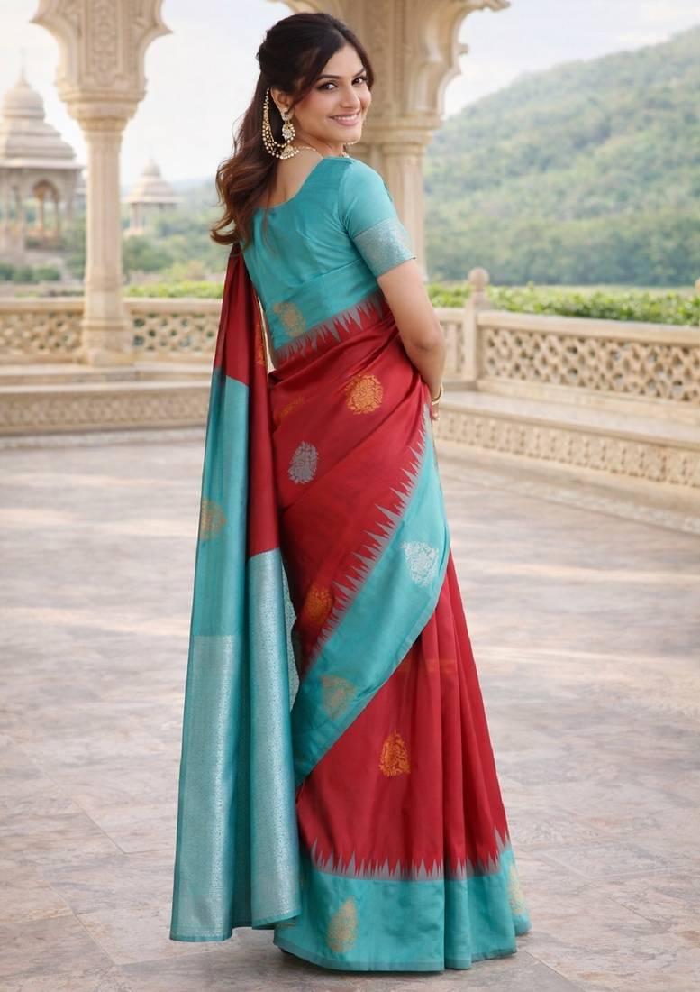 Rama red silk blend jacuard work designer party wear saree with unstitched blouse piece