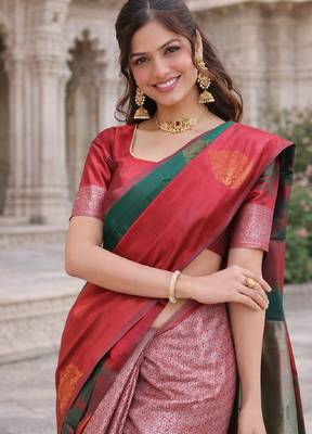 Red green silk blend saree with unstitched blouse piece 1