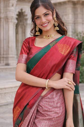 Red green silk blend jacuard work designer party wear saree with unstitched blouse piece