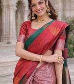 Red green silk blend jacuard work designer party wear saree with unstitched blouse piece