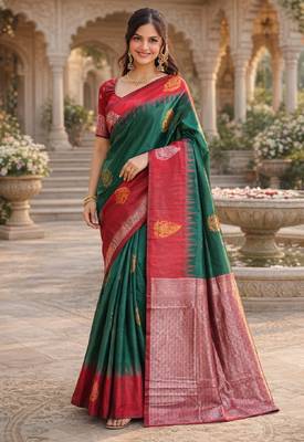 Red green silk blend saree with unstitched blouse piece 2