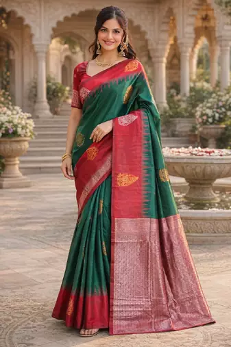 Red green silk blend saree with unstitched blouse piece