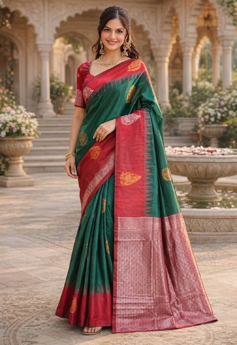 Red green silk blend jacuard work designer party wear saree with unstitched blouse piece