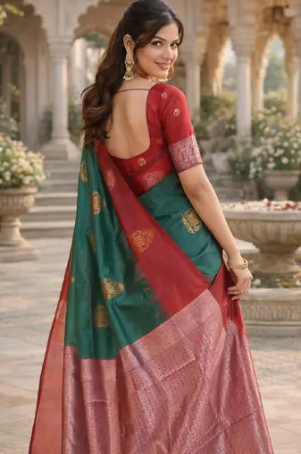 Red green silk blend saree with unstitched blouse piece