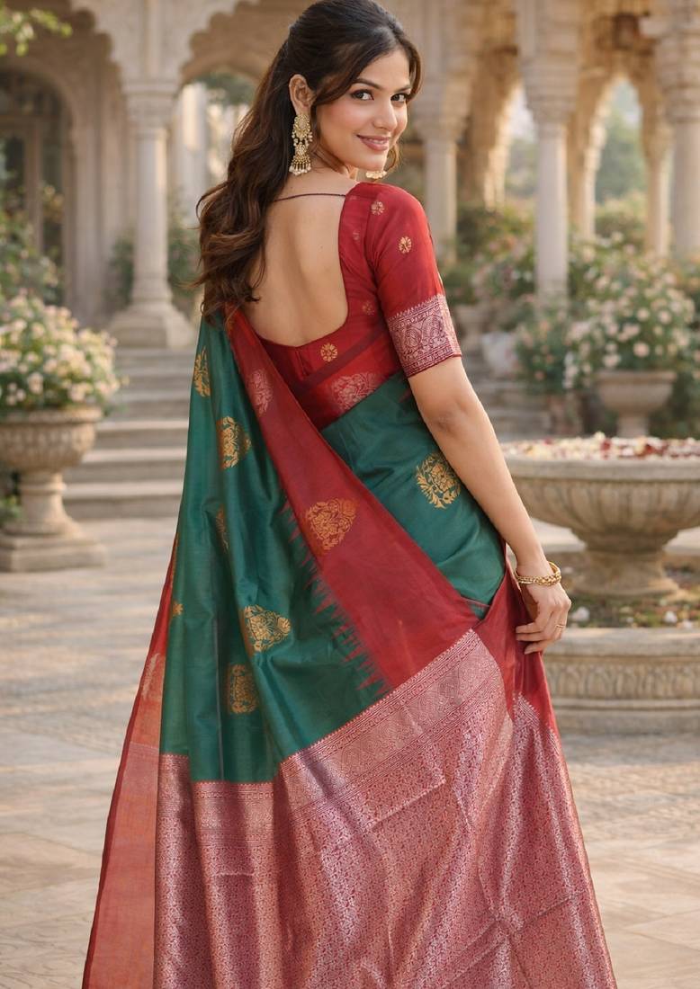 Red green silk blend jacuard work designer party wear saree with unstitched blouse piece