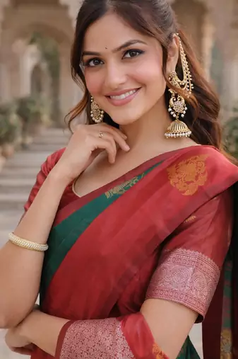 Red green silk blend saree with unstitched blouse piece