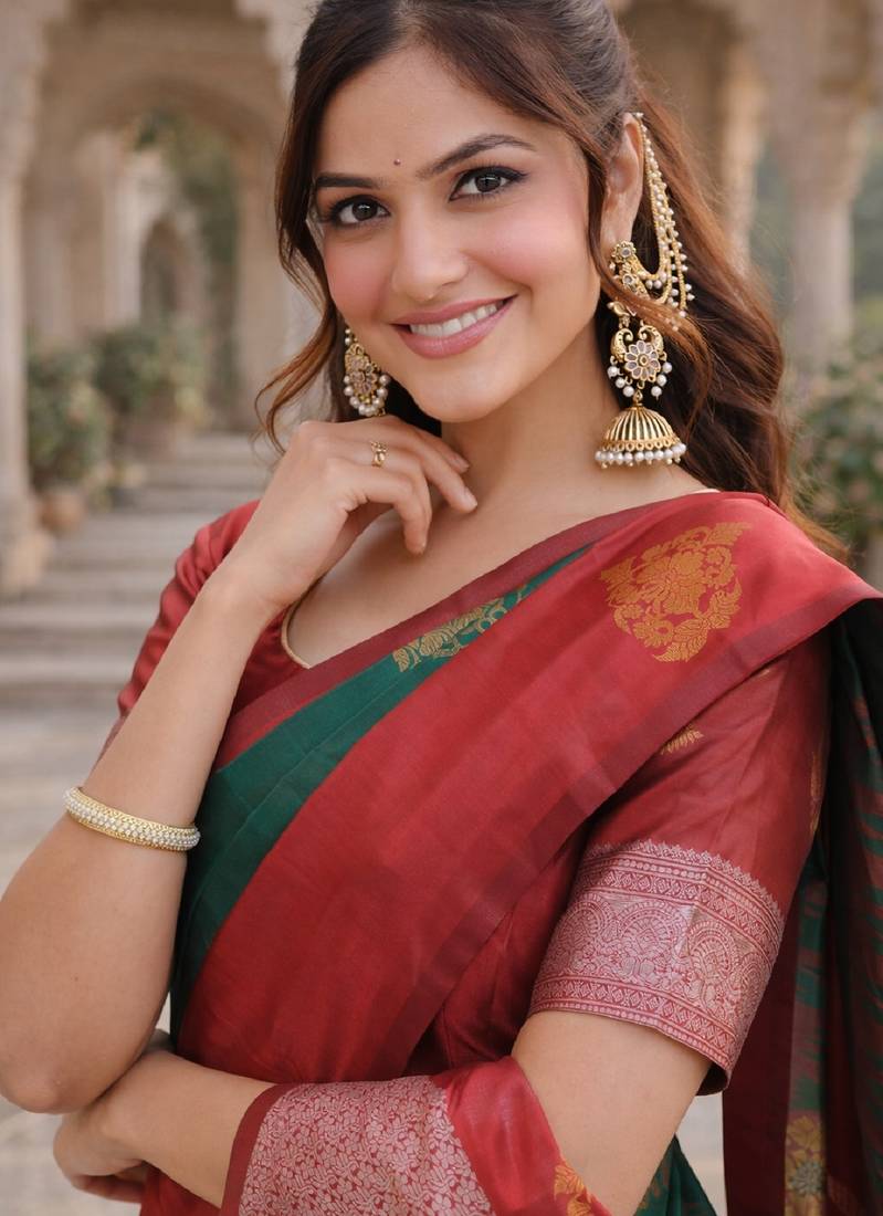 Red green silk blend jacuard work designer party wear saree with unstitched blouse piece