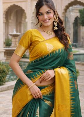 Yellow green silk blend saree with unstitched blouse piece 1