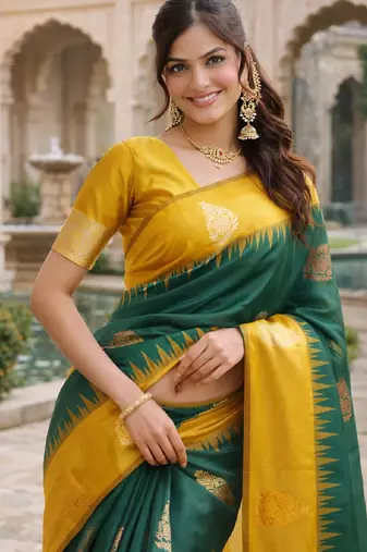 Yellow green silk blend jacuard work designer party wear saree with unstitched blouse piece