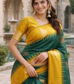 Yellow green silk blend jacuard work designer party wear saree with unstitched blouse piece