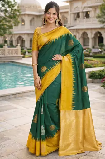 Yellow green silk blend saree with unstitched blouse piece