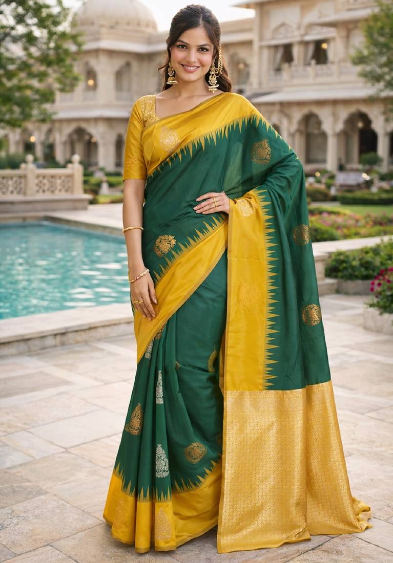 Yellow green silk blend jacuard work designer party wear saree with unstitched blouse piece