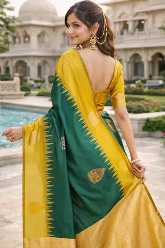 Yellow green silk blend saree with unstitched blouse piece