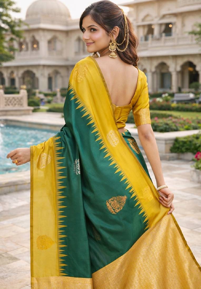 Yellow green silk blend jacuard work designer party wear saree with unstitched blouse piece