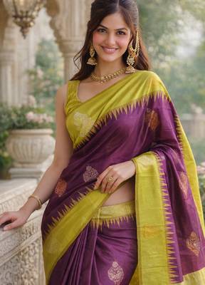 Yellow wine silk blend saree with unstitched blouse piece 1