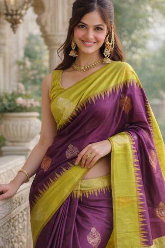 Yellow wine silk blend jacuard work designer party wear saree with unstitched blouse piece