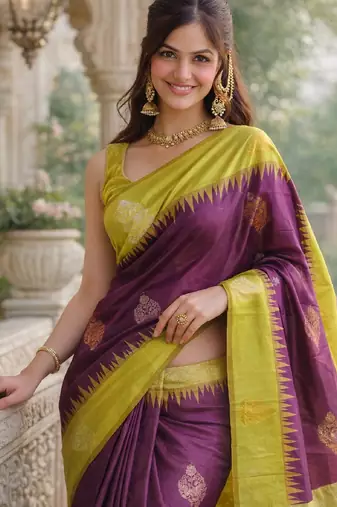 Yellow wine silk blend jacuard work designer party wear saree with unstitched blouse piece