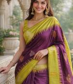 Yellow wine silk blend jacuard work designer party wear saree with unstitched blouse piece