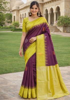 Yellow wine silk blend saree with unstitched blouse piece 2