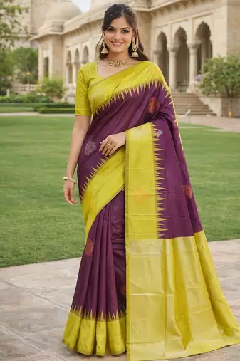 Yellow wine silk blend saree with unstitched blouse piece