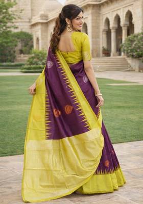 Yellow wine silk blend saree with unstitched blouse piece 3
