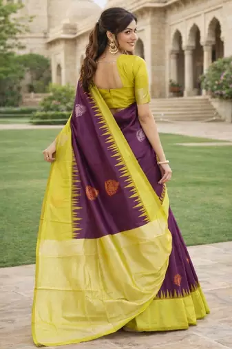 Yellow wine silk blend saree with unstitched blouse piece