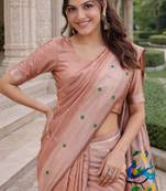 Beige silk blend jacuard work designer party wear saree with unstitched blouse piece