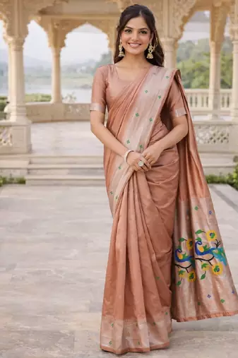 Beige silk blend saree with unstitched blouse piece
