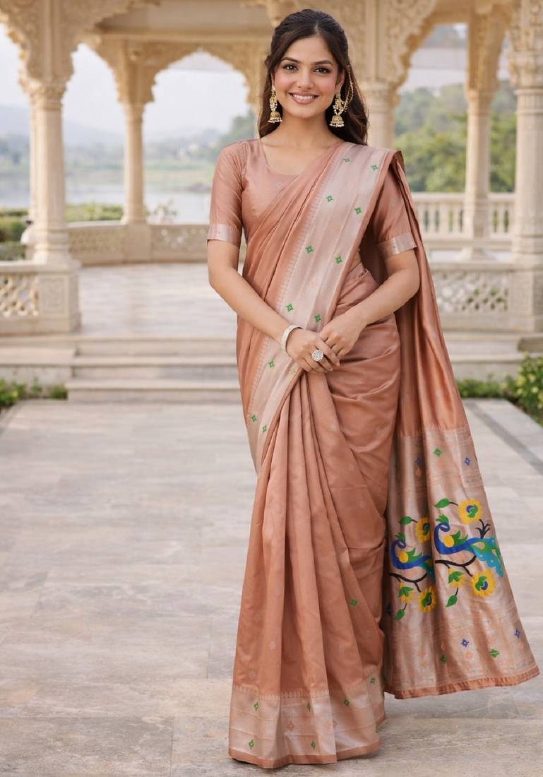 Beige silk blend jacuard work designer party wear saree with unstitched blouse piece