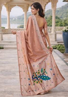 Beige silk blend saree with unstitched blouse piece 3