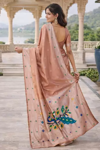 Beige silk blend saree with unstitched blouse piece