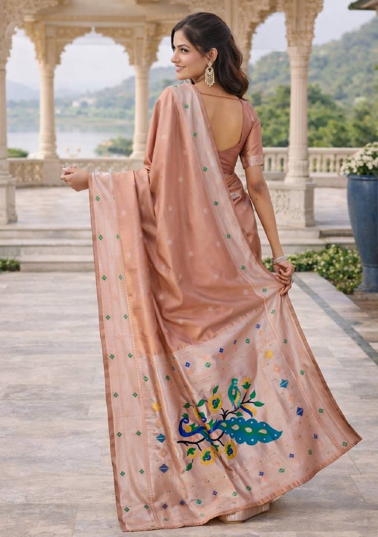 Beige silk blend jacuard work designer party wear saree with unstitched blouse piece