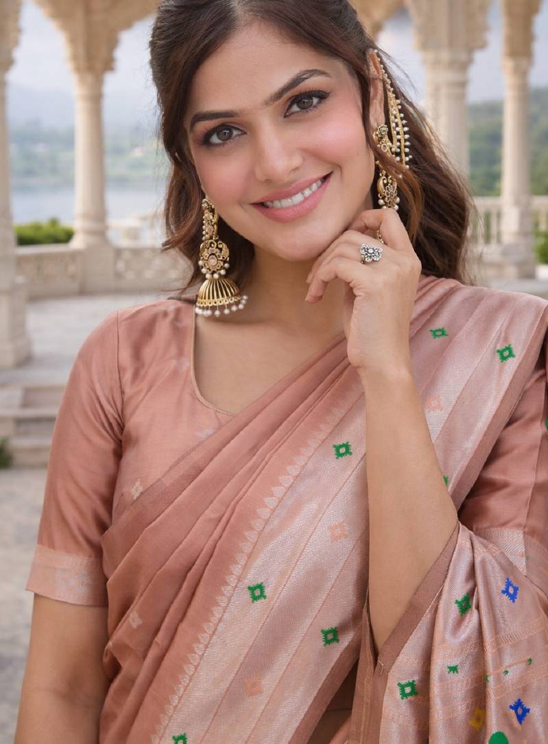 Beige silk blend jacuard work designer party wear saree with unstitched blouse piece