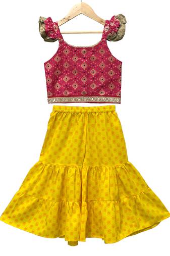 Pink & yellow embellished polyester top with  sharara ethnic wear
